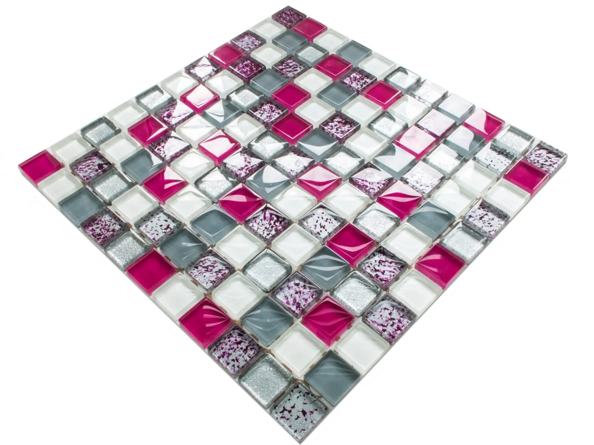 MOZAIKA SZKLANA FIOLET MAZIAJE PERŁA SZARA PIWONIA SILVER BROKAT 30x30cm – dekoracyjne do wnętrz – Szklane Mozaiki
