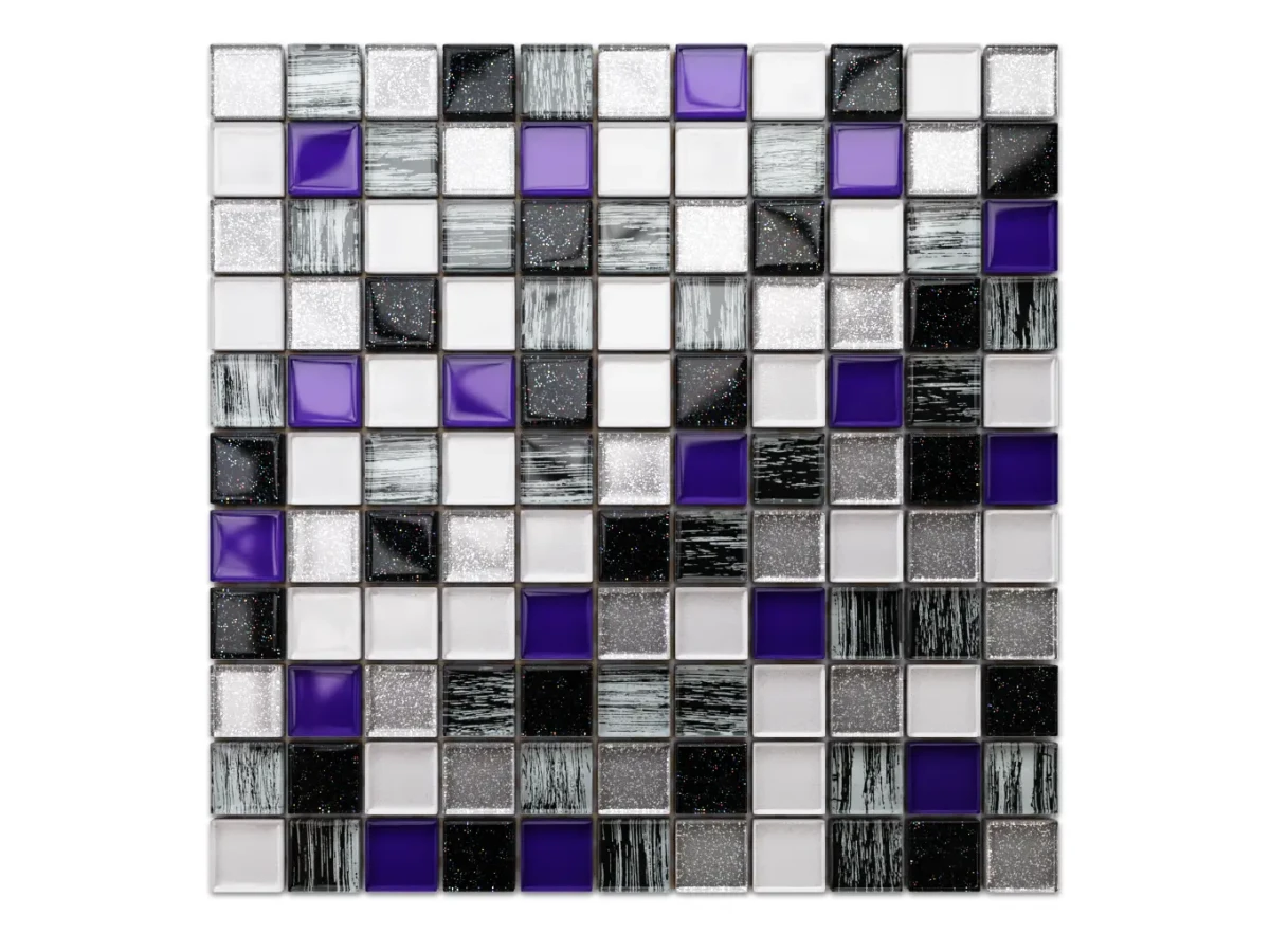 MOZAIKA SZKLANA FIOLET PERŁA SILVER NERO BROKAT ZEBRA 30x30cm 8mm – dekoracyjne do wnętrz – Szklane Mozaiki