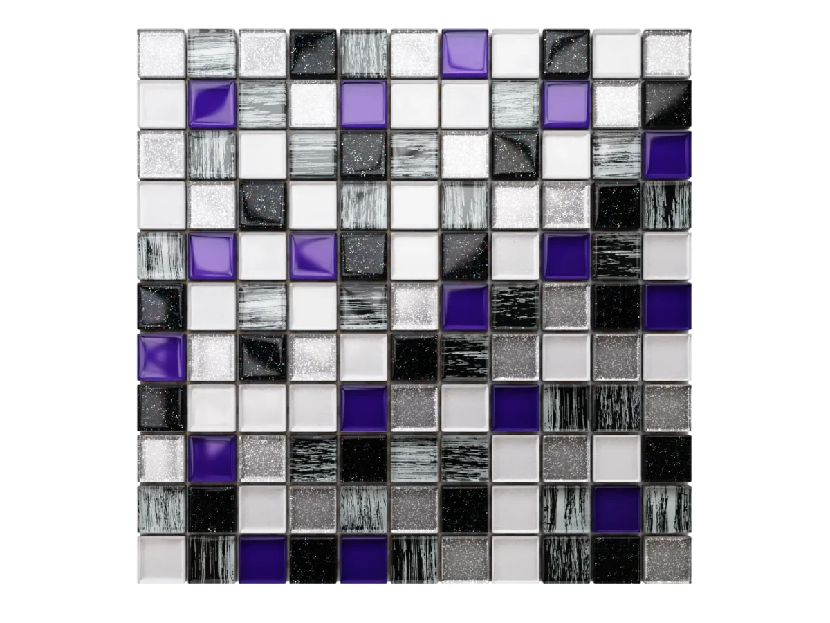 MOZAIKA SZKLANA FIOLET PERŁA SILVER NERO BROKAT ZEBRA 30x30cm 8mm – dekoracyjne do wnętrz – Szklane Mozaiki