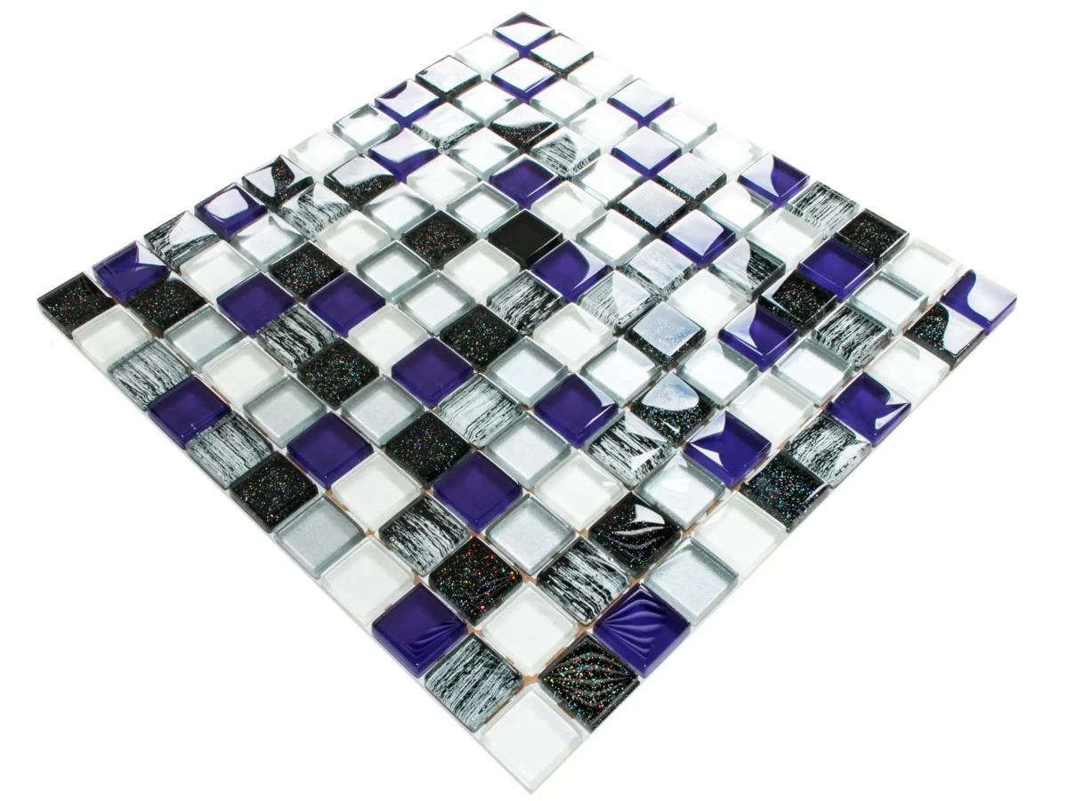 MOZAIKA SZKLANA FIOLET PERŁA SILVER NERO BROKAT ZEBRA 30x30cm 8mm – dekoracyjne do wnętrz – Szklane Mozaiki