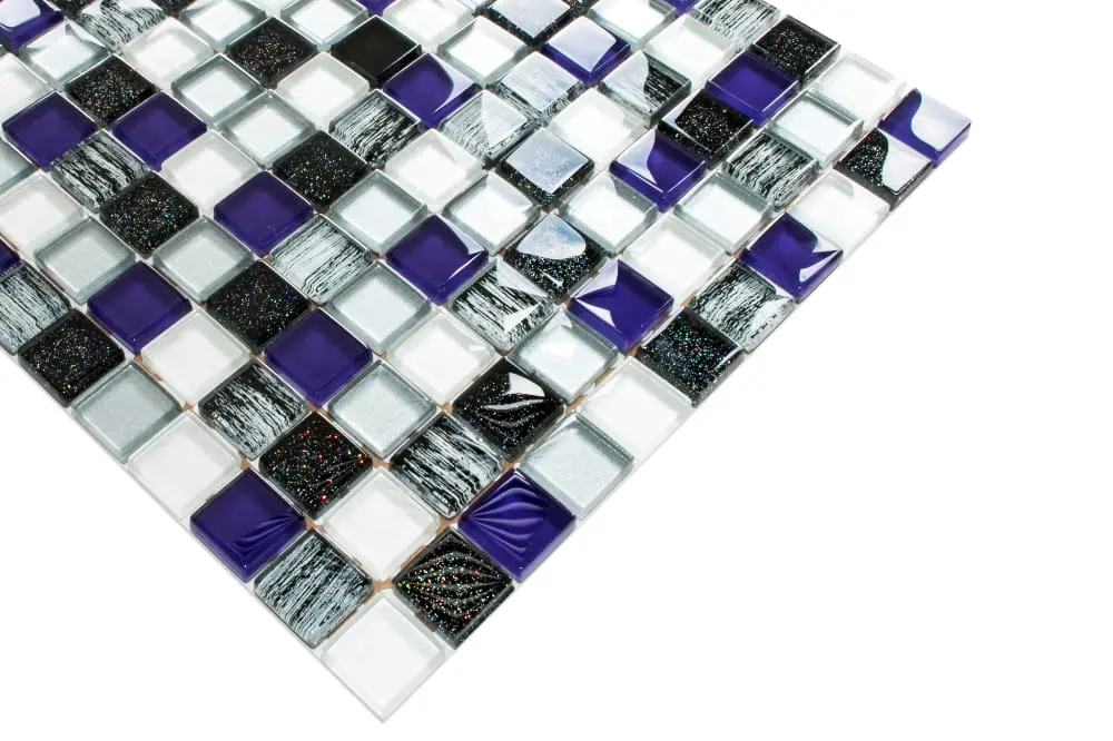 MOZAIKA SZKLANA FIOLET PERŁA SILVER NERO BROKAT ZEBRA 30x30cm 8mm – dekoracyjne do wnętrz – Szklane Mozaiki