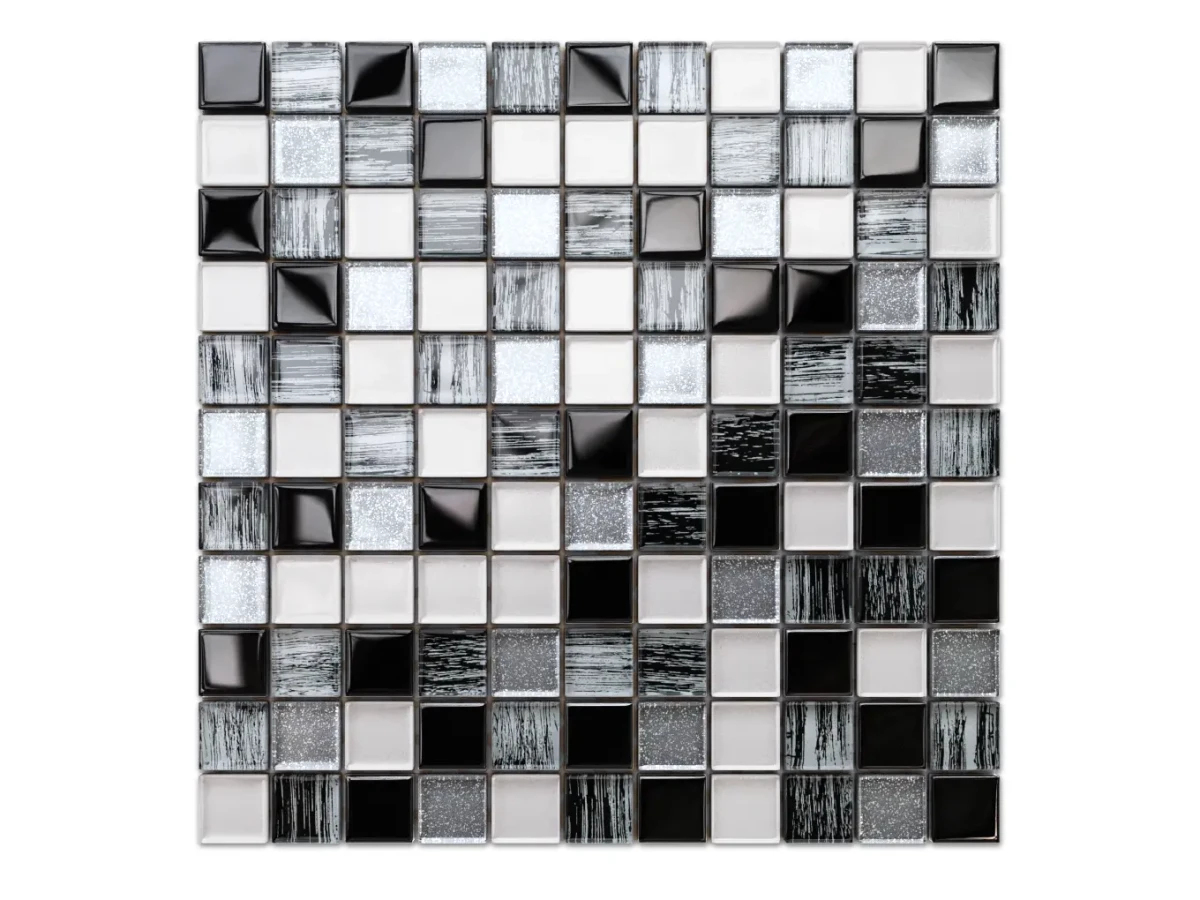 MOZAIKA SZKLANA PERŁA SILVER BROKAT NERO ALUMINIUM JEANS 30x30cm 8mm – dekoracyjne do wnętrz – Szklane Mozaiki
