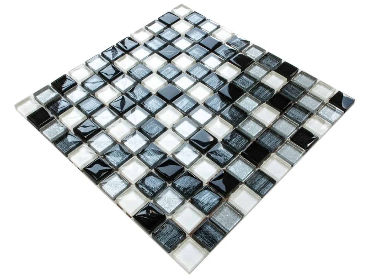 MOZAIKA SZKLANA PERŁA SILVER BROKAT NERO ALUMINIUM JEANS 30x30cm 8mm – dekoracyjne do wnętrz – Szklane Mozaiki