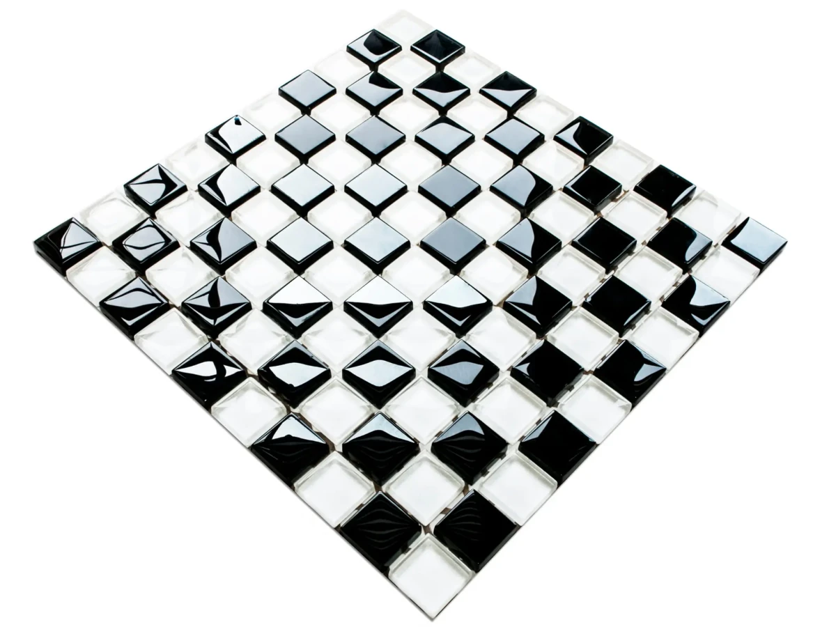 MOZAIKA SZKLANA CZARNA BIAŁA SZACHOWNICA 27,2x27,2cm 8mm – dekoracyjne do wnętrz – Szklane Mozaiki