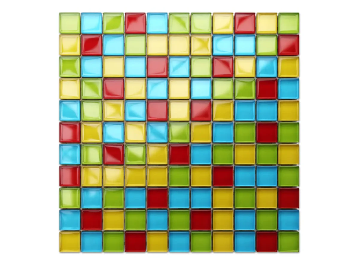 MOZAIKA SZKLANA LEGO CZERWONA NIEBIESKA ŻÓŁTA ZIELONA 30x30cm 8mm – dekoracyjne do wnętrz – Szklane Mozaiki