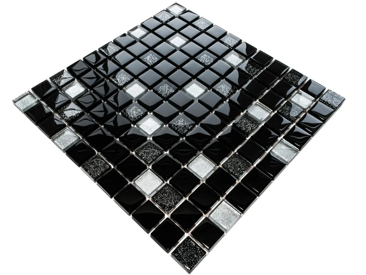 MOZAIKA SZKLANA NERO SILVER BROKAT MIX 30x30cm 8mm – dekoracyjne do wnętrz – Szklane Mozaiki