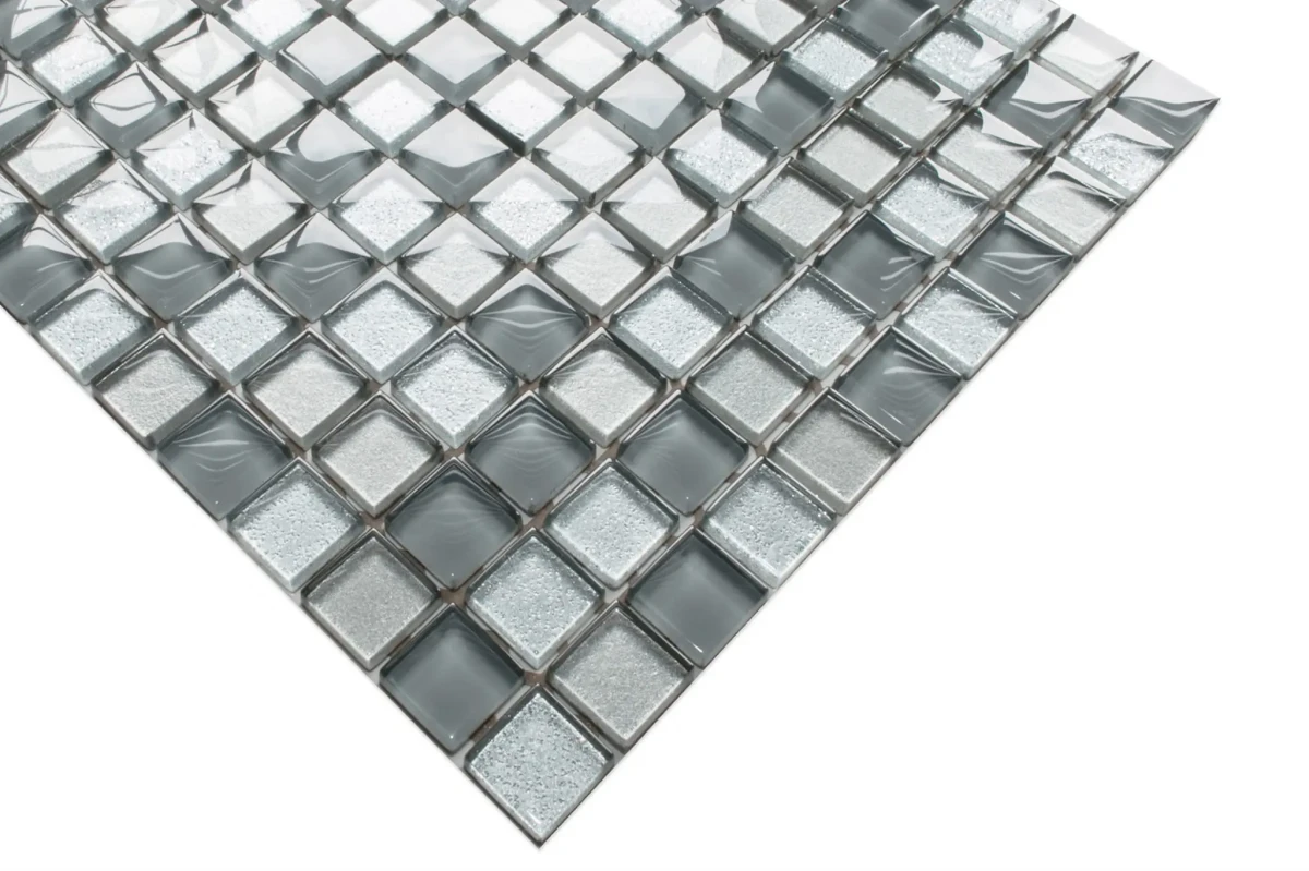 MOZAIKA SZKLANA SZARA, SILVER, SILVER BROKAT 30x30cm 6mm – dekoracyjne do wnętrz – Szklane Mozaiki