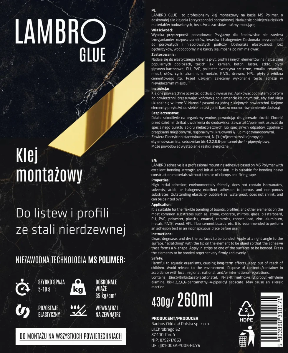 KLEJ MONTAŻOWY LAMBRO GLUE do listew i profili  – dekoracyjne do wnętrz – Szklane Mozaiki