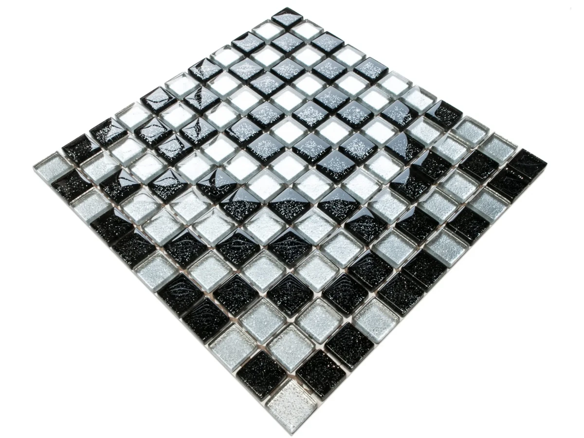 MOZAIKA SZKLANA SPOTLIGHT NERO SILVER BROKAT 30x30cm 8mm – dekoracyjne do wnętrz – Szklane Mozaiki