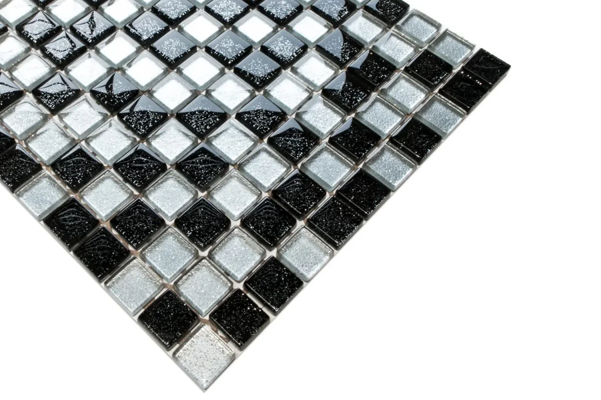 MOZAIKA SZKLANA SPOTLIGHT NERO SILVER BROKAT 30x30cm 8mm – dekoracyjne do wnętrz – Szklane Mozaiki