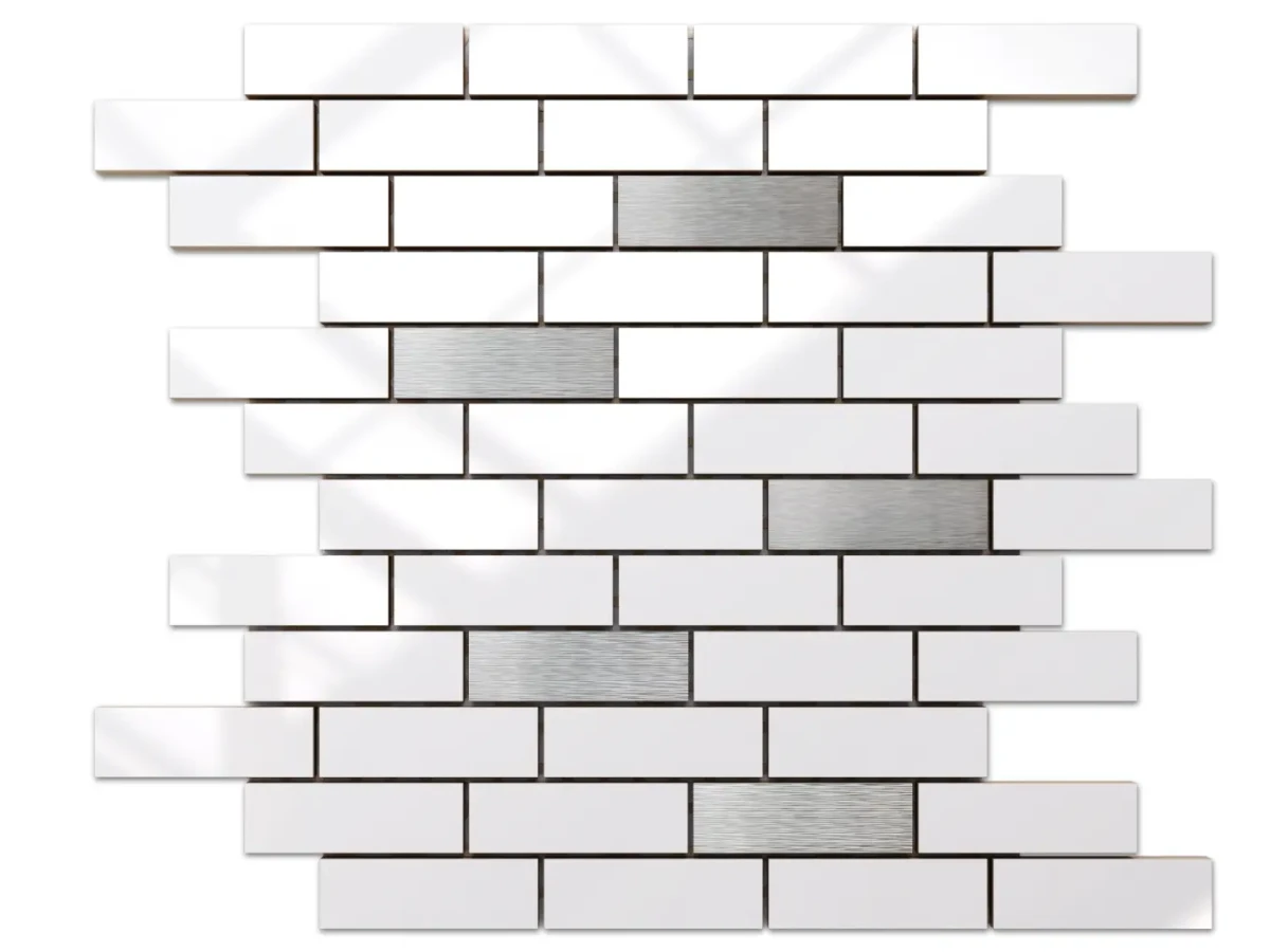 MOZAIKA CERAMICZNA BIAŁA WHITE POŁYSK SILVER CEGIEŁKA MUREK NIEREGULARNY – dekoracyjne do wnętrz – Szklane Mozaiki