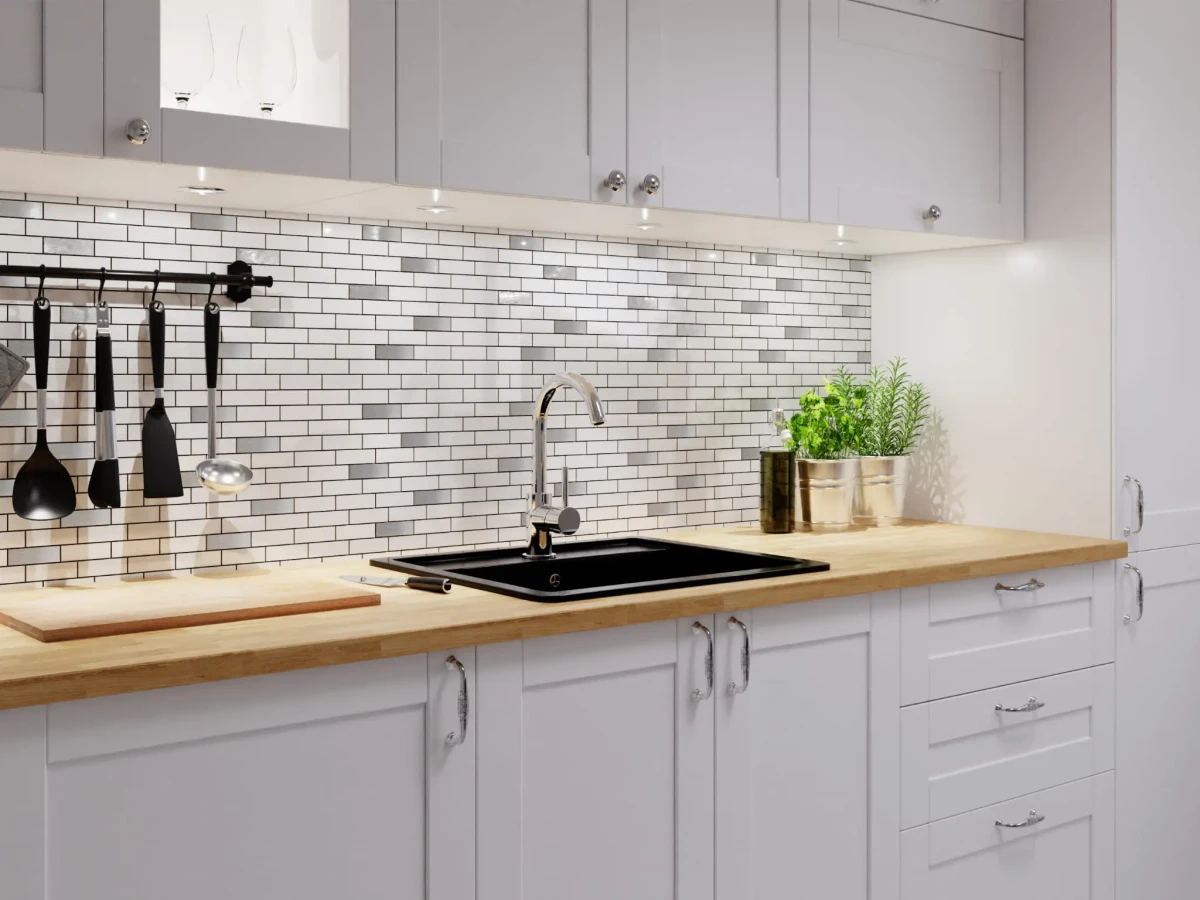 MOZAIKA CERAMICZNA BIAŁA WHITE POŁYSK SILVER CEGIEŁKA MUREK NIEREGULARNY – dekoracyjne do wnętrz – Szklane Mozaiki