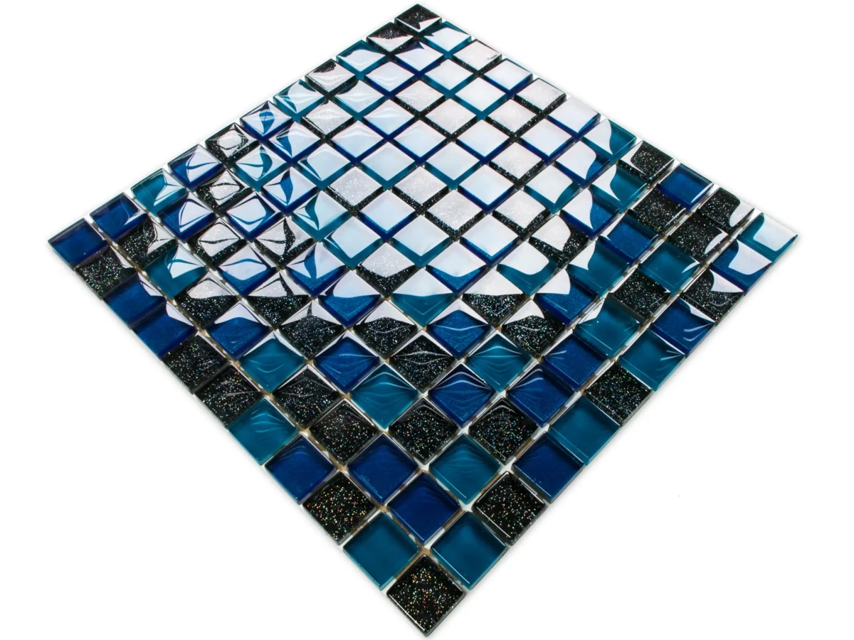 MOZAIKA SZKLANA AURORA - TURKUS, KOBALT, NERO BROKAT 30x30cm 8mm – dekoracyjne do wnętrz – Szklane Mozaiki