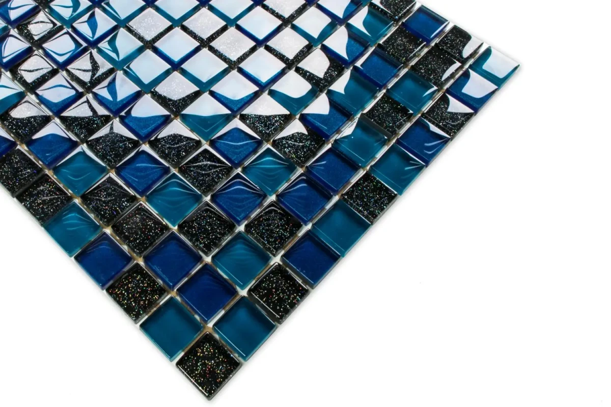 MOZAIKA SZKLANA AURORA - TURKUS, KOBALT, NERO BROKAT 30x30cm 8mm – dekoracyjne do wnętrz – Szklane Mozaiki