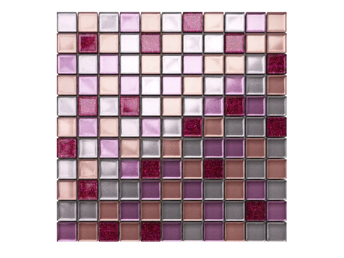 MOZAIKA SZKLANA BARBIE RÓŻOWA WRZOS PRALINE LILA BROKAT 30x30cm 8mm – dekoracyjne do wnętrz – Szklane Mozaiki