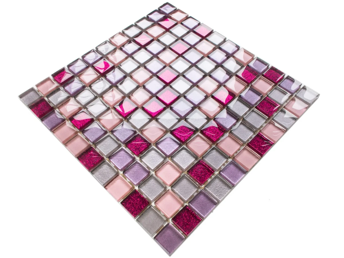 MOZAIKA SZKLANA BARBIE RÓŻOWA WRZOS PRALINE LILA BROKAT 30x30cm 8mm – dekoracyjne do wnętrz – Szklane Mozaiki