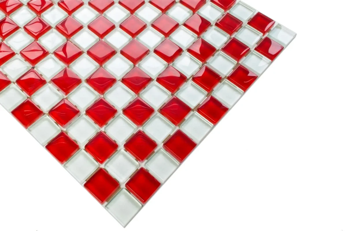 MOZAIKA SZKLANA SZACHOWNICA BIAŁA CZERWONA 30x30cm 8mm – dekoracyjne do wnętrz – Szklane Mozaiki