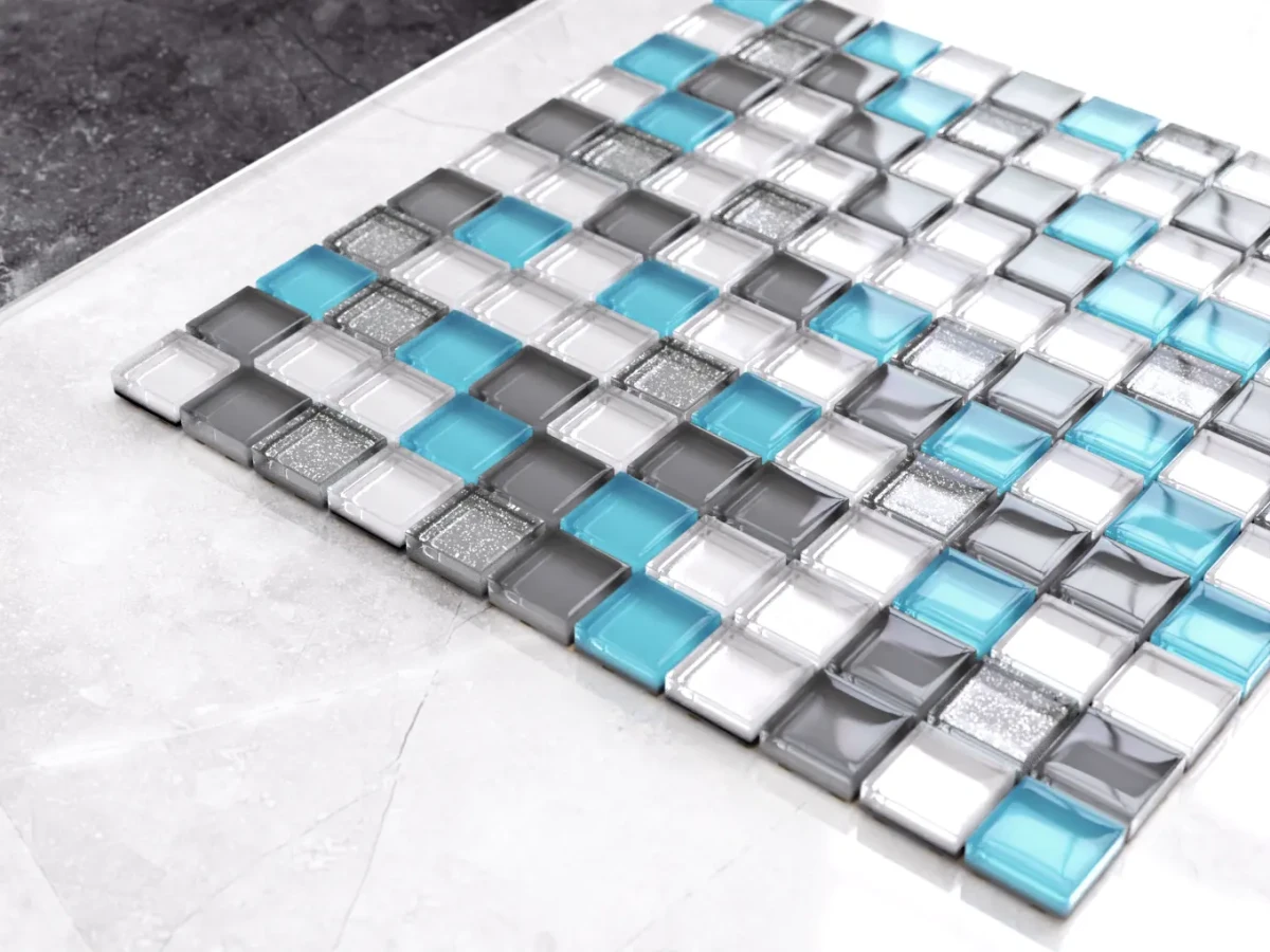 MOZAIKA SZKLANA HARMONY  PERŁA SZARA AZUL SILVER BROKAT 30x30cm 8mm – dekoracyjne do wnętrz – Szklane Mozaiki
