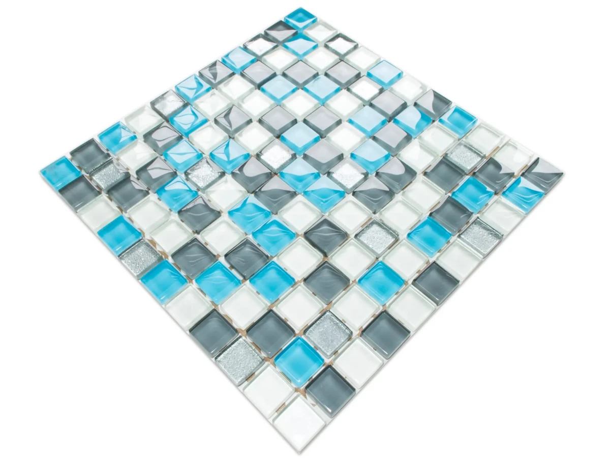 MOZAIKA SZKLANA HARMONY  PERŁA SZARA AZUL SILVER BROKAT 30x30cm 8mm – dekoracyjne do wnętrz – Szklane Mozaiki