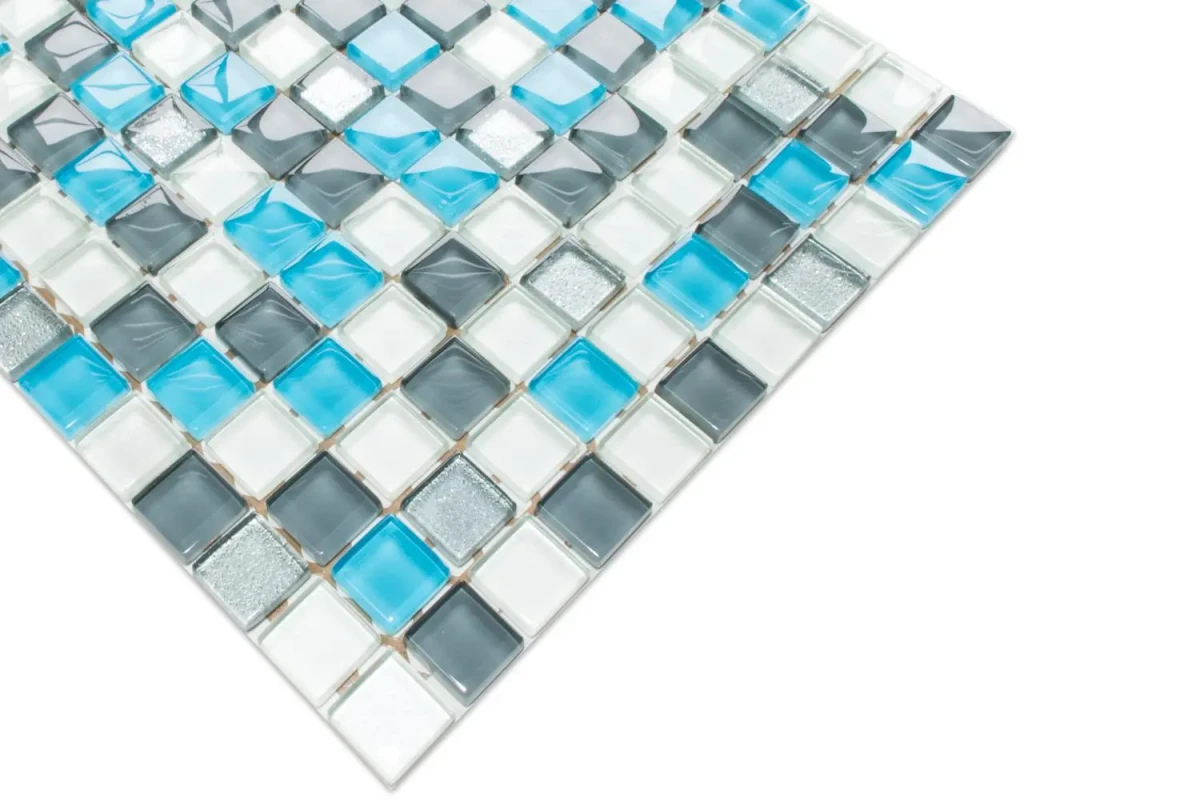 MOZAIKA SZKLANA HARMONY  PERŁA SZARA AZUL SILVER BROKAT 30x30cm 8mm – dekoracyjne do wnętrz – Szklane Mozaiki