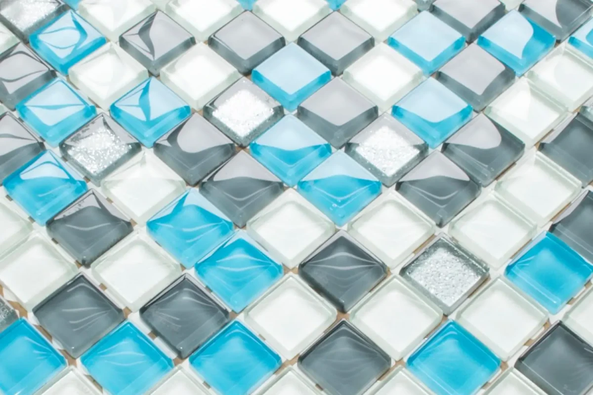 MOZAIKA SZKLANA HARMONY  PERŁA SZARA AZUL SILVER BROKAT 30x30cm 8mm – dekoracyjne do wnętrz – Szklane Mozaiki