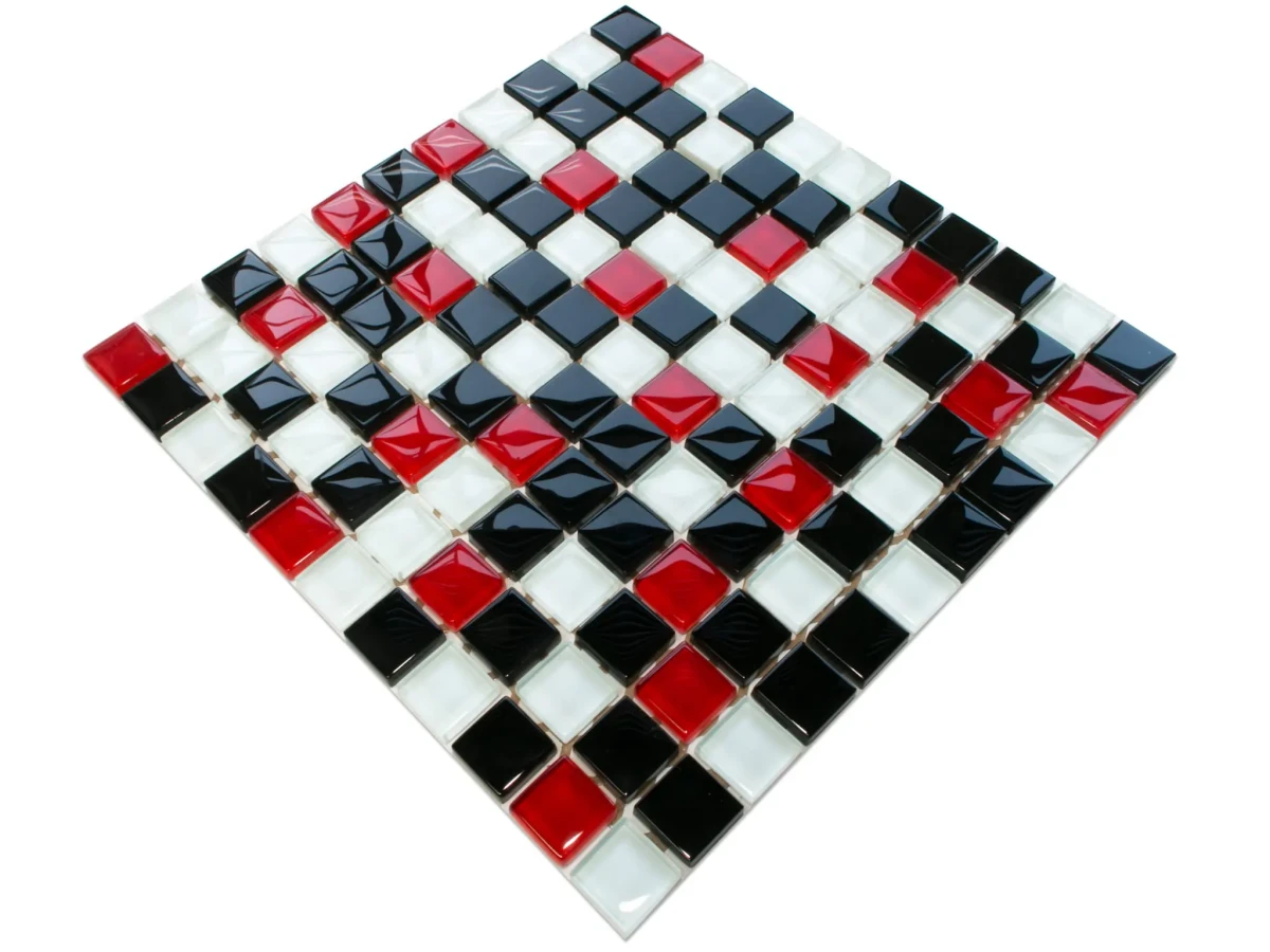 MOZAIKA SZKLANA BLACK RED WHITE 30x30cm 8mm – dekoracyjne do wnętrz – Szklane Mozaiki