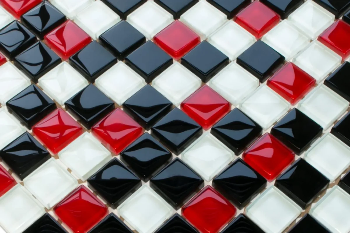 MOZAIKA SZKLANA BLACK RED WHITE 30x30cm 8mm – dekoracyjne do wnętrz – Szklane Mozaiki