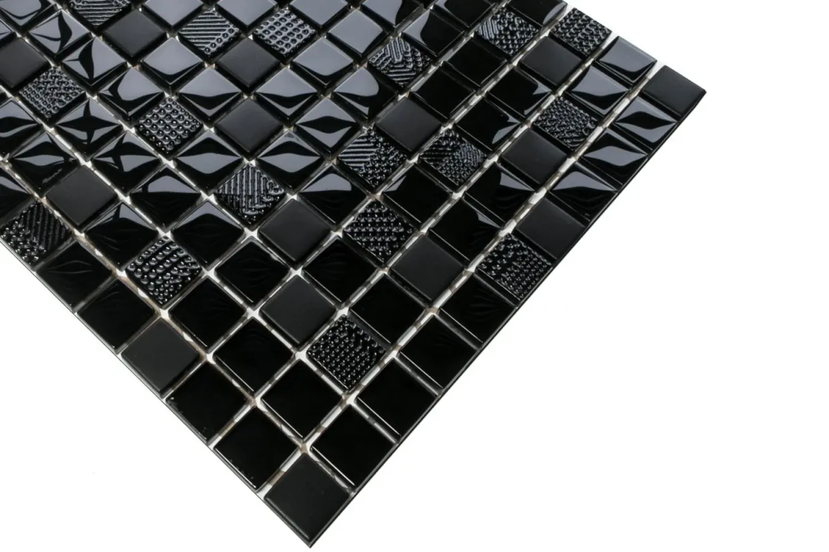 MOZAIKA SZKLANA CARBON NERO CZARNA MAGMA STRUKTURA 30x30cm 8mm – dekoracyjne do wnętrz – Szklane Mozaiki