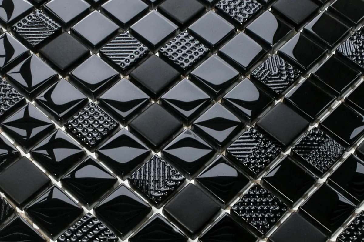 MOZAIKA SZKLANA CARBON NERO CZARNA MAGMA STRUKTURA 30x30cm 8mm – dekoracyjne do wnętrz – Szklane Mozaiki