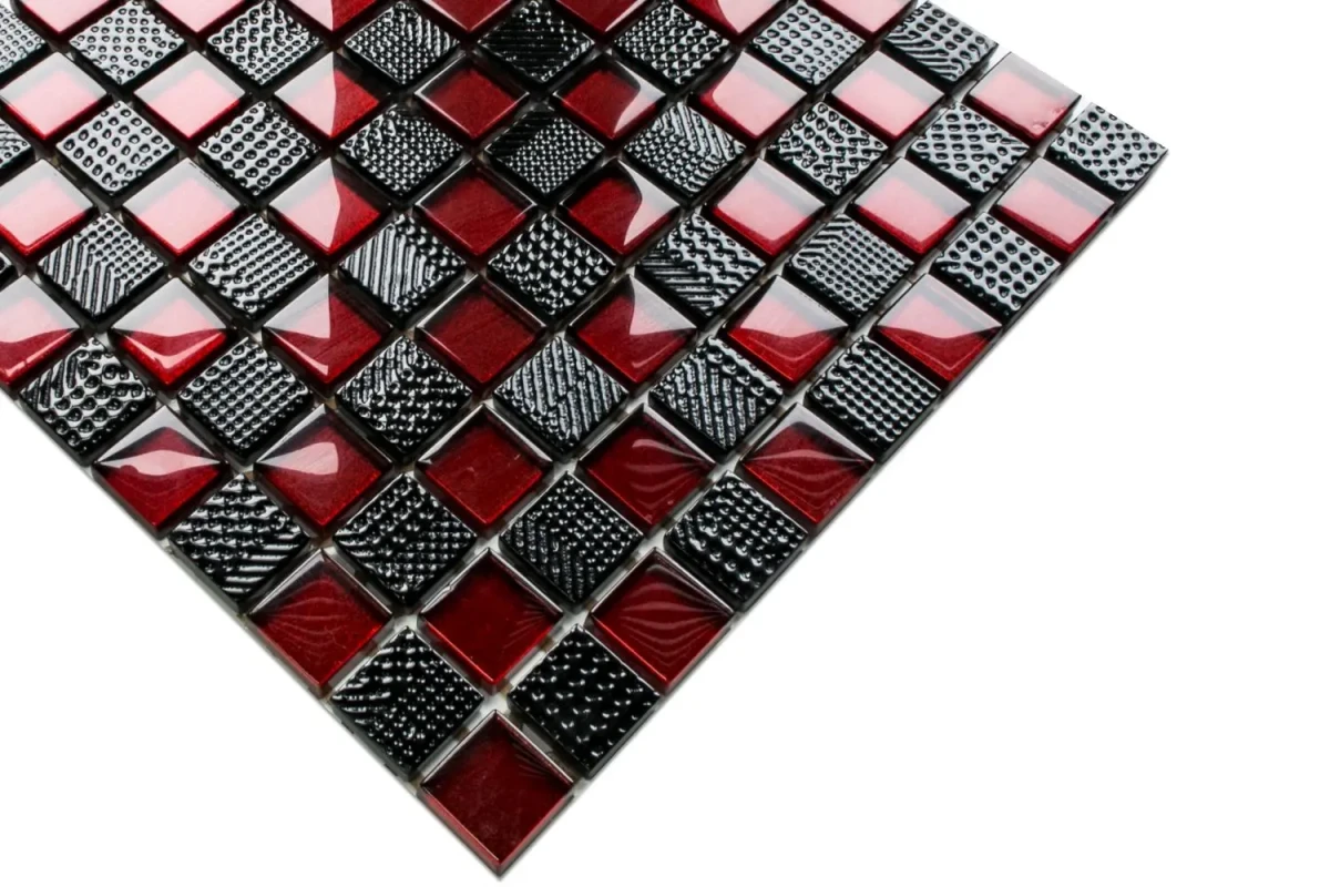 MOZAIKA SZKLANA ENZO KARMAZYN CZARNA NERO SZACHOWNICA 27,5x27,5cm 8mm – dekoracyjne do wnętrz – Szklane Mozaiki