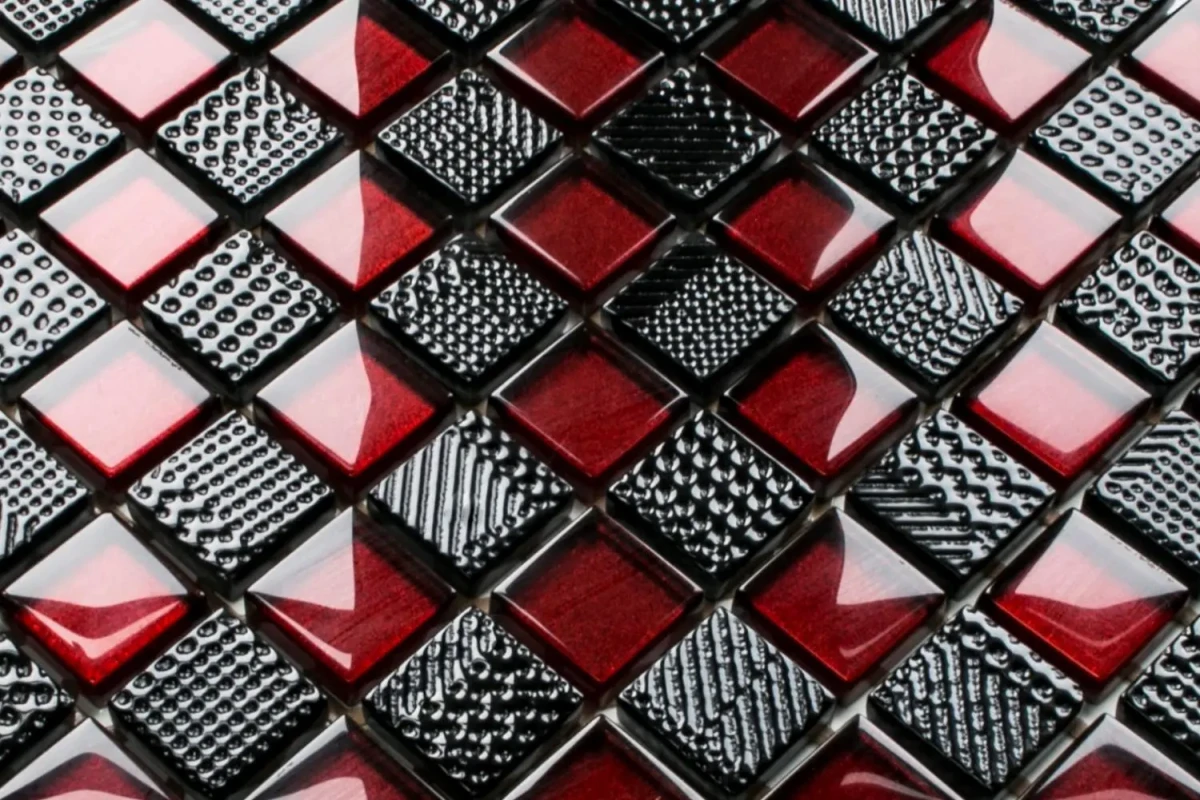 MOZAIKA SZKLANA ENZO KARMAZYN CZARNA NERO SZACHOWNICA 27,5x27,5cm 8mm – dekoracyjne do wnętrz – Szklane Mozaiki