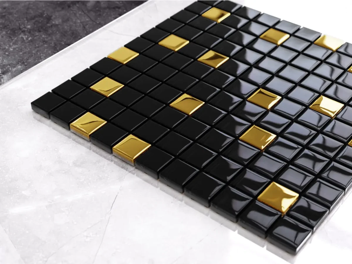 MOZAIKA SZKLANA CZARNA ZŁOTA NERO GOLD 30x30cm 8mm – dekoracyjne do wnętrz – Szklane Mozaiki