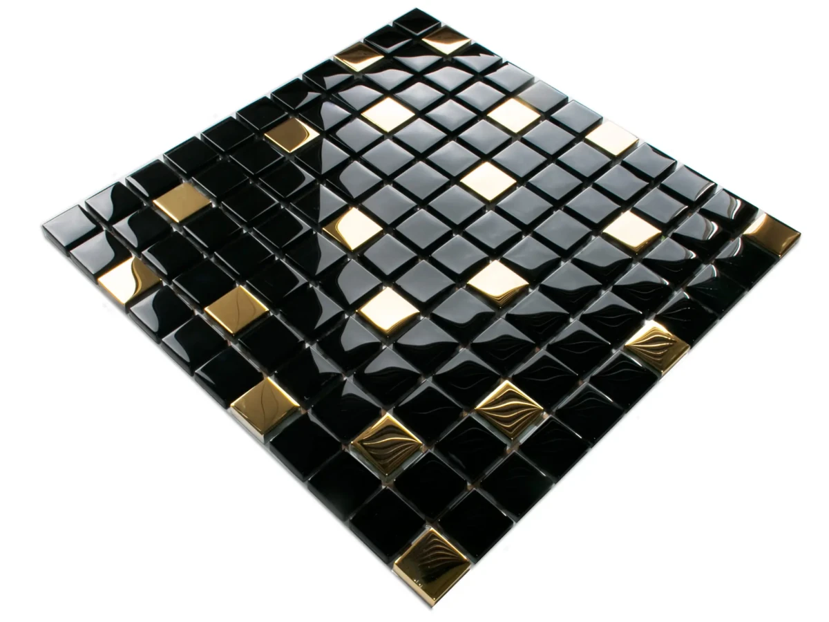 MOZAIKA SZKLANA CZARNA ZŁOTA NERO GOLD 30x30cm 8mm – dekoracyjne do wnętrz – Szklane Mozaiki