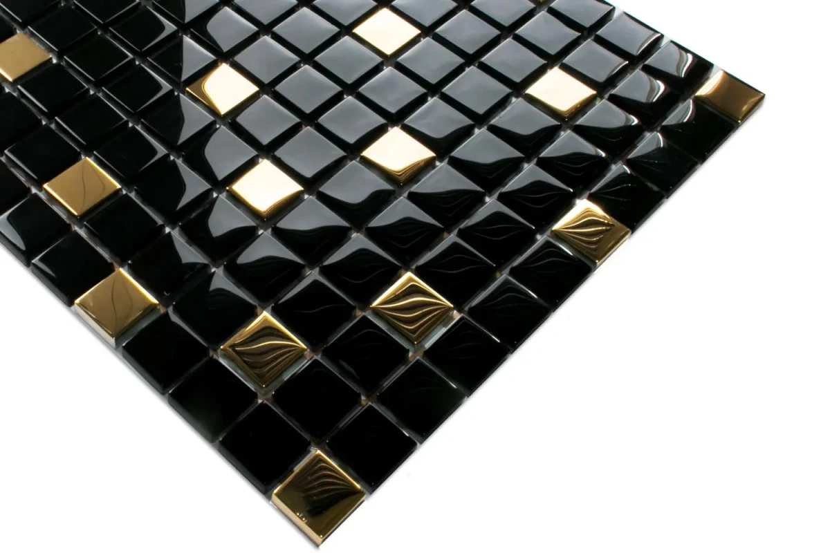 MOZAIKA SZKLANA CZARNA ZŁOTA NERO GOLD 30x30cm 8mm – dekoracyjne do wnętrz – Szklane Mozaiki