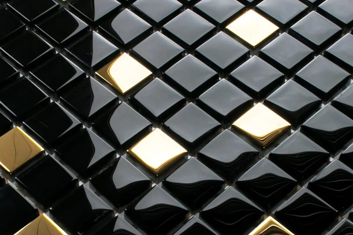 MOZAIKA SZKLANA CZARNA ZŁOTA NERO GOLD 30x30cm 8mm – dekoracyjne do wnętrz – Szklane Mozaiki