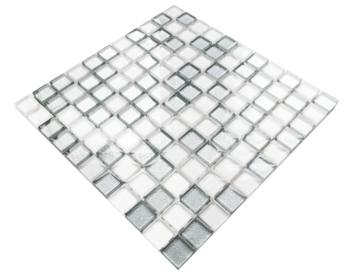 MOZAIKA SZKLANA SIMPLE SILVER WHITE 30x30cm 8mm – dekoracyjne do wnętrz – Szklane Mozaiki