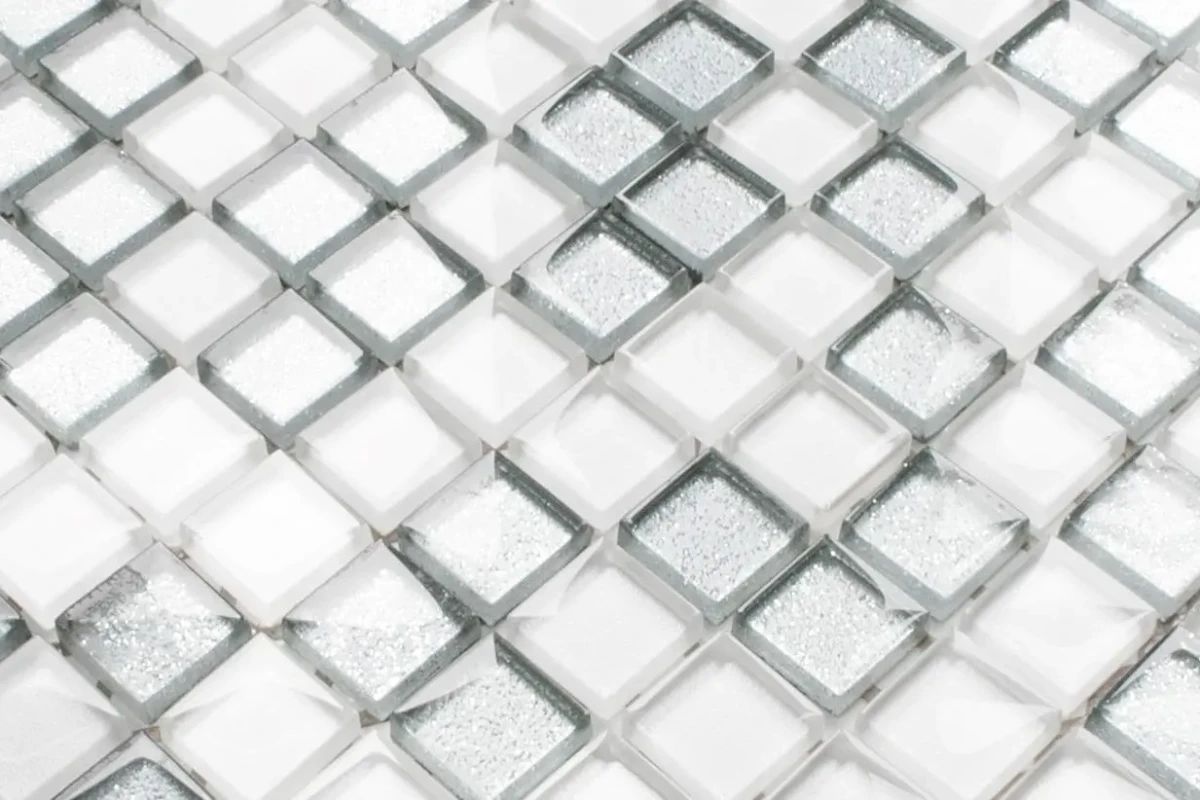 MOZAIKA SZKLANA SIMPLE SILVER WHITE 30x30cm 8mm – dekoracyjne do wnętrz – Szklane Mozaiki