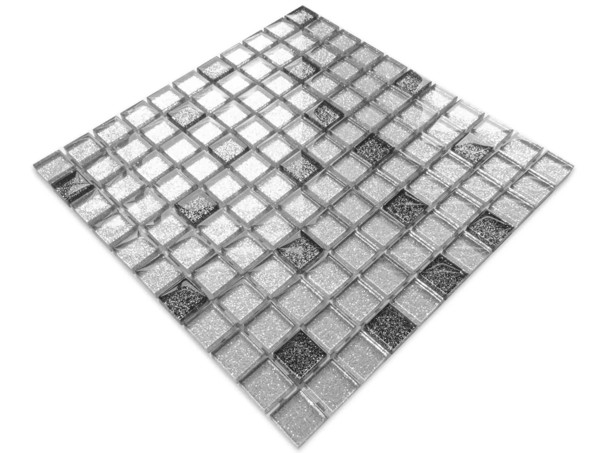 MOZAIKA SZKLANA SILVER/NERO BROKAT 30x30cm 8mm – dekoracyjne do wnętrz – Szklane Mozaiki