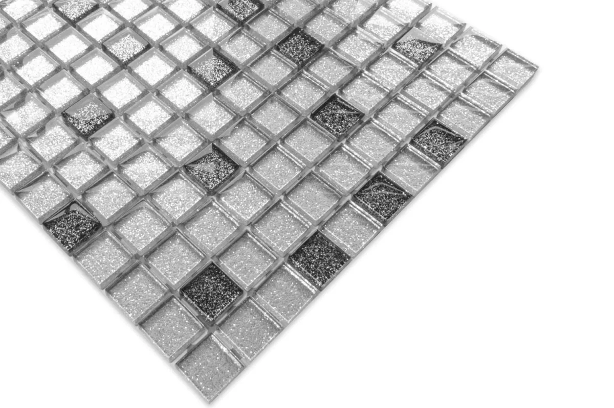 MOZAIKA SZKLANA SILVER/NERO BROKAT 30x30cm 8mm – dekoracyjne do wnętrz – Szklane Mozaiki