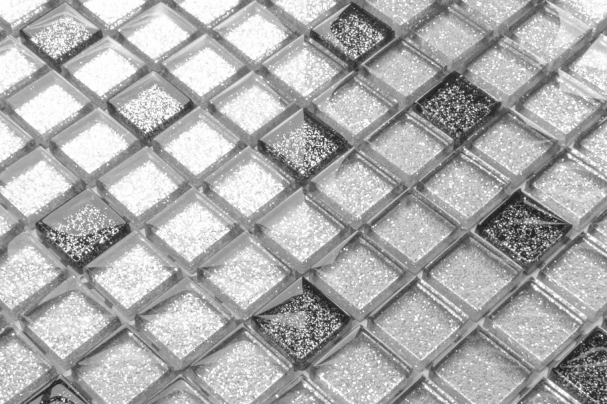 MOZAIKA SZKLANA SILVER/NERO BROKAT 30x30cm 8mm – dekoracyjne do wnętrz – Szklane Mozaiki