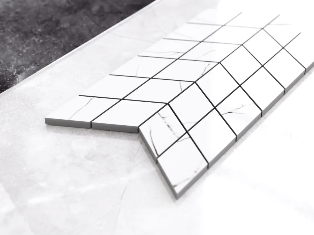 MOZAIKA GRESOWA DOUBLE CHEVRON CARRARA CALACATA – dekoracyjne do wnętrz – Szklane Mozaiki