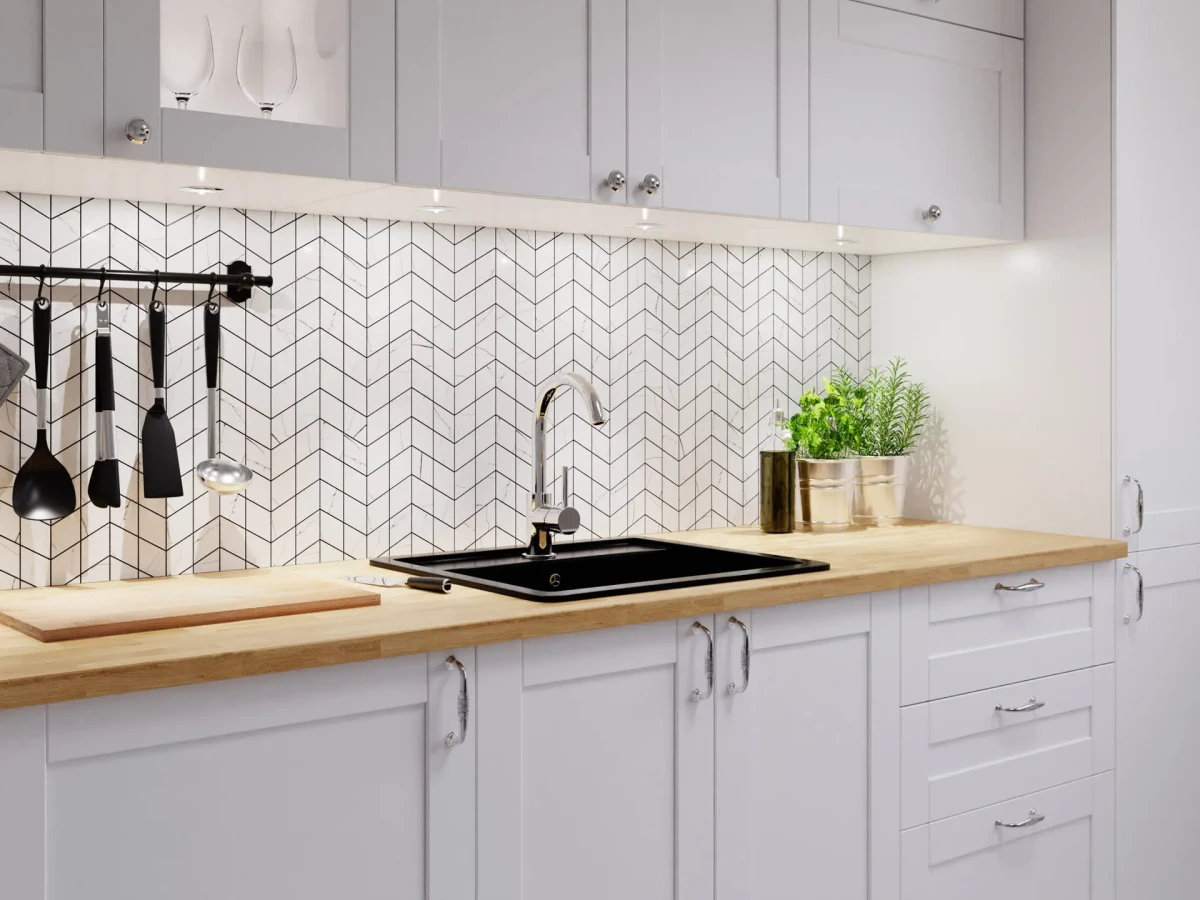 MOZAIKA GRESOWA DOUBLE CHEVRON CARRARA CALACATA – dekoracyjne do wnętrz – Szklane Mozaiki