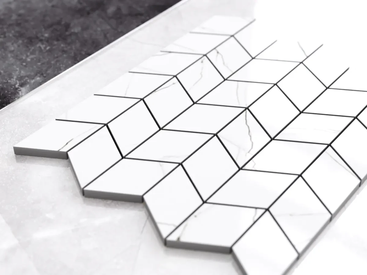 MOZAIKA GRESOWA CHEVRON ROMB CARRARA CALACATA – dekoracyjne do wnętrz – Szklane Mozaiki