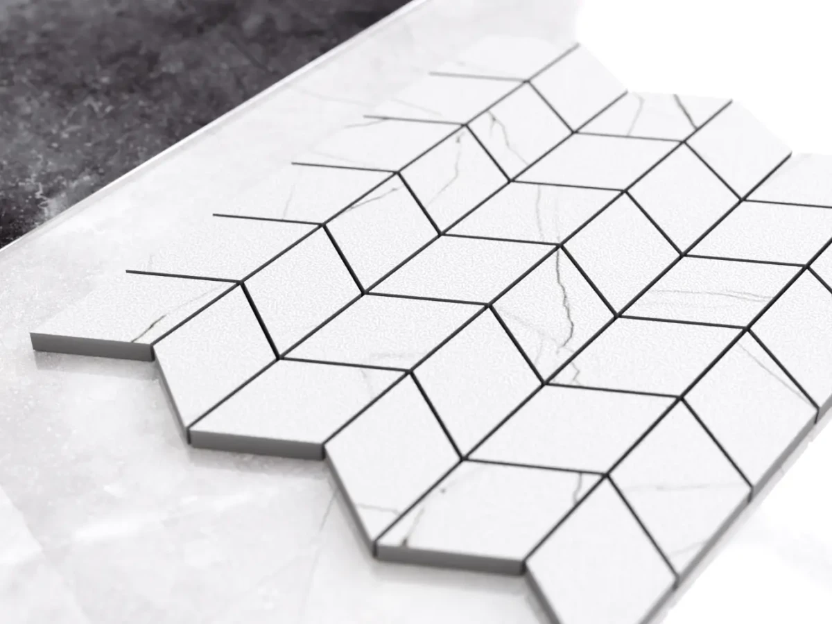 MOZAIKA GRESOWA CHEVRON ROMB CARRARA CALACATA – dekoracyjne do wnętrz – Szklane Mozaiki
