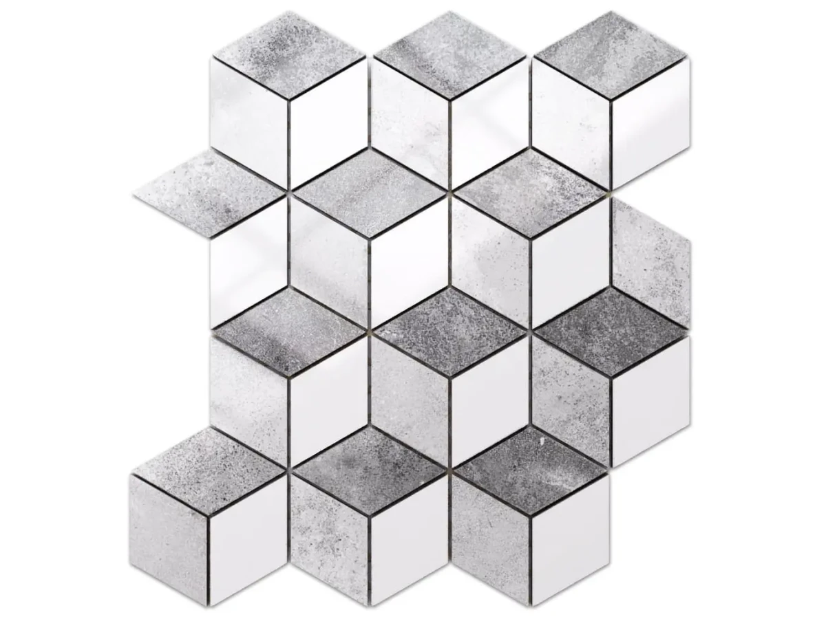 MOZAIKA GRESOWA DIAMOND ROMB BIAŁA SZARA 3D – dekoracyjne do wnętrz – Szklane Mozaiki