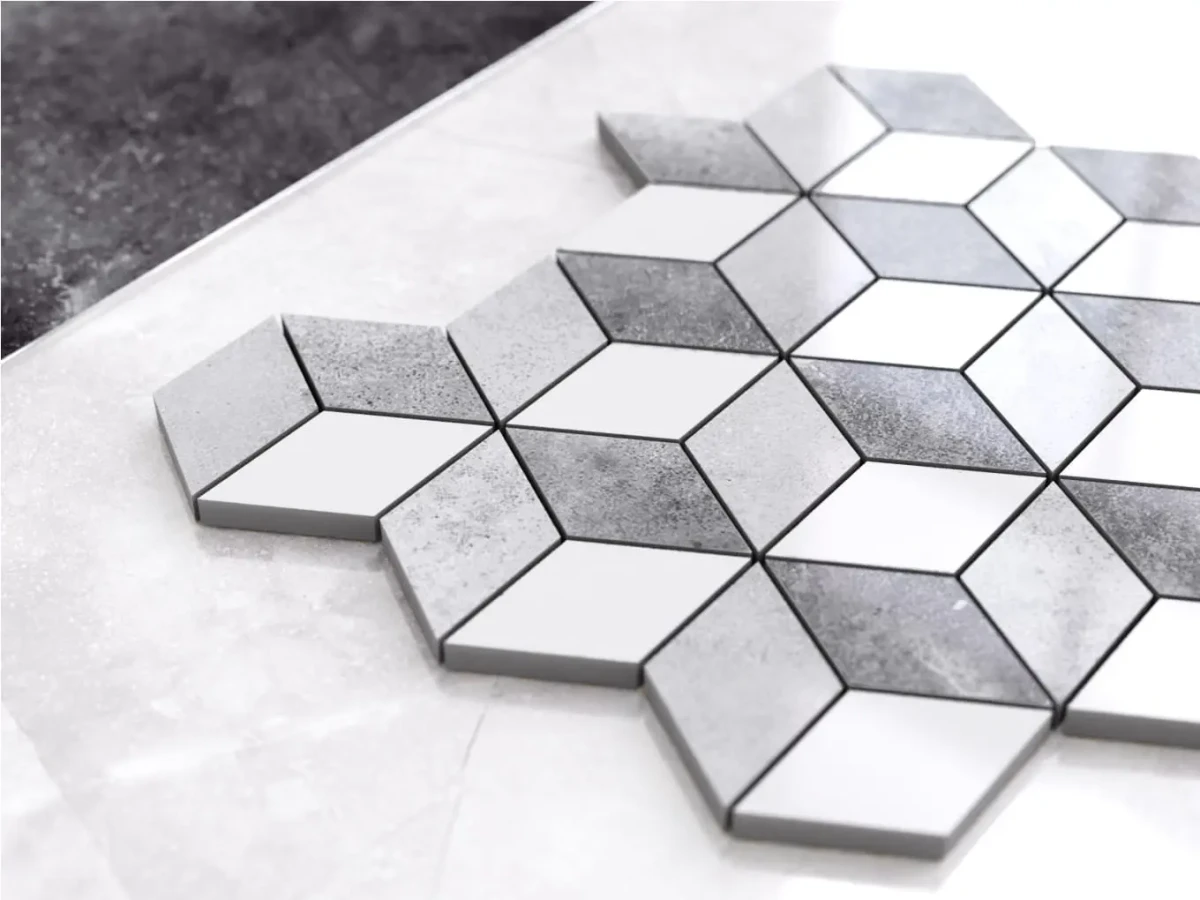 MOZAIKA GRESOWA DIAMOND ROMB BIAŁA SZARA 3D – dekoracyjne do wnętrz – Szklane Mozaiki