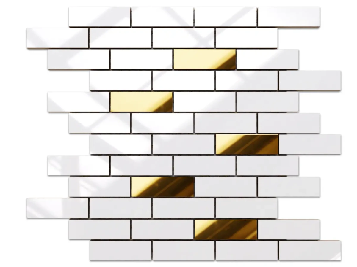 MOZAIKA CERAMICZNA BIAŁA WHITE POŁYSK GOLD CEGIEŁKA MUREK NIEREGULARNY – dekoracyjne do wnętrz – Szklane Mozaiki