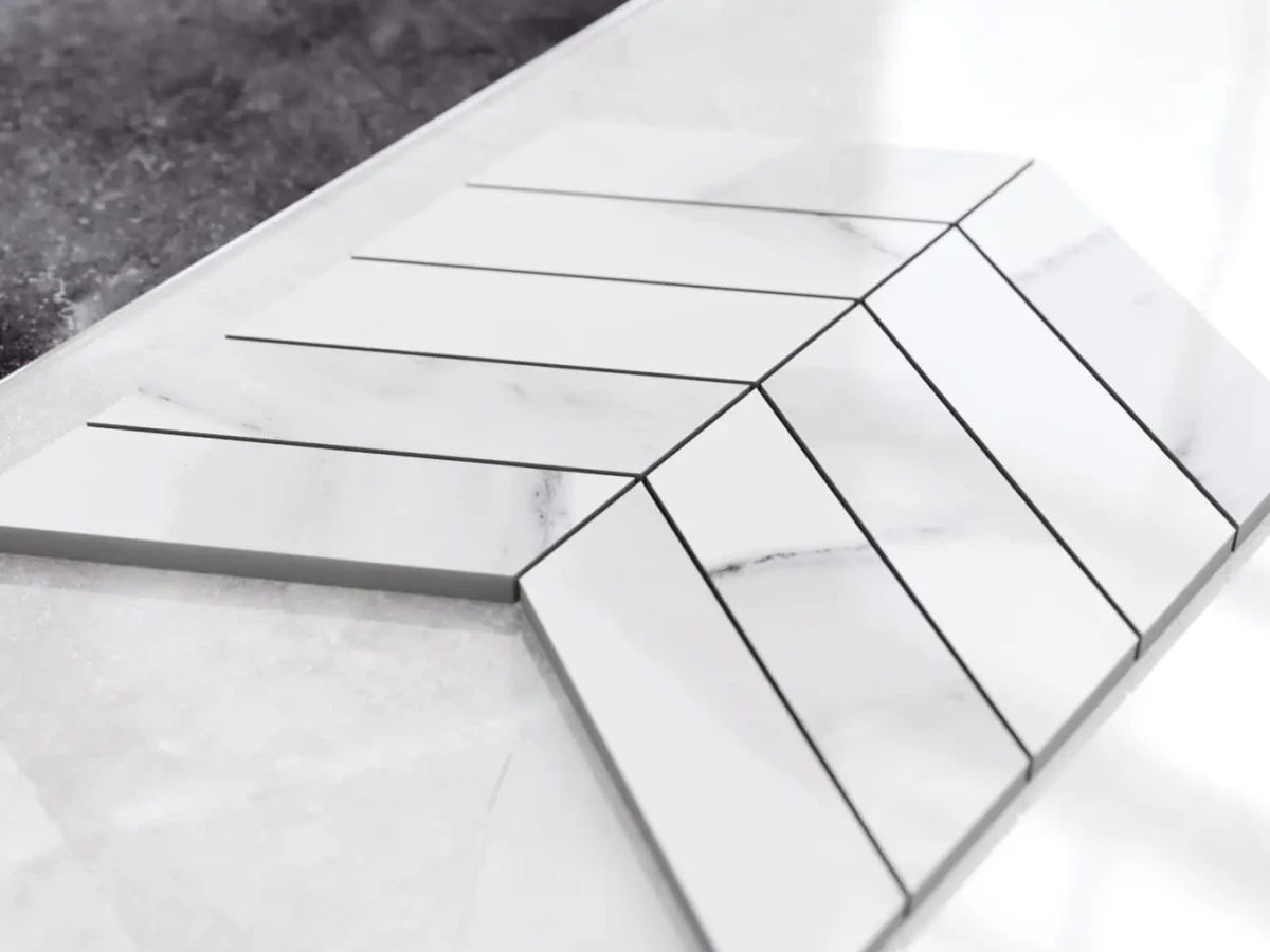 MOZAIKA GRESOWA CHEVRON JODEŁKA CARRARA WHITE – dekoracyjne do wnętrz – Szklane Mozaiki
