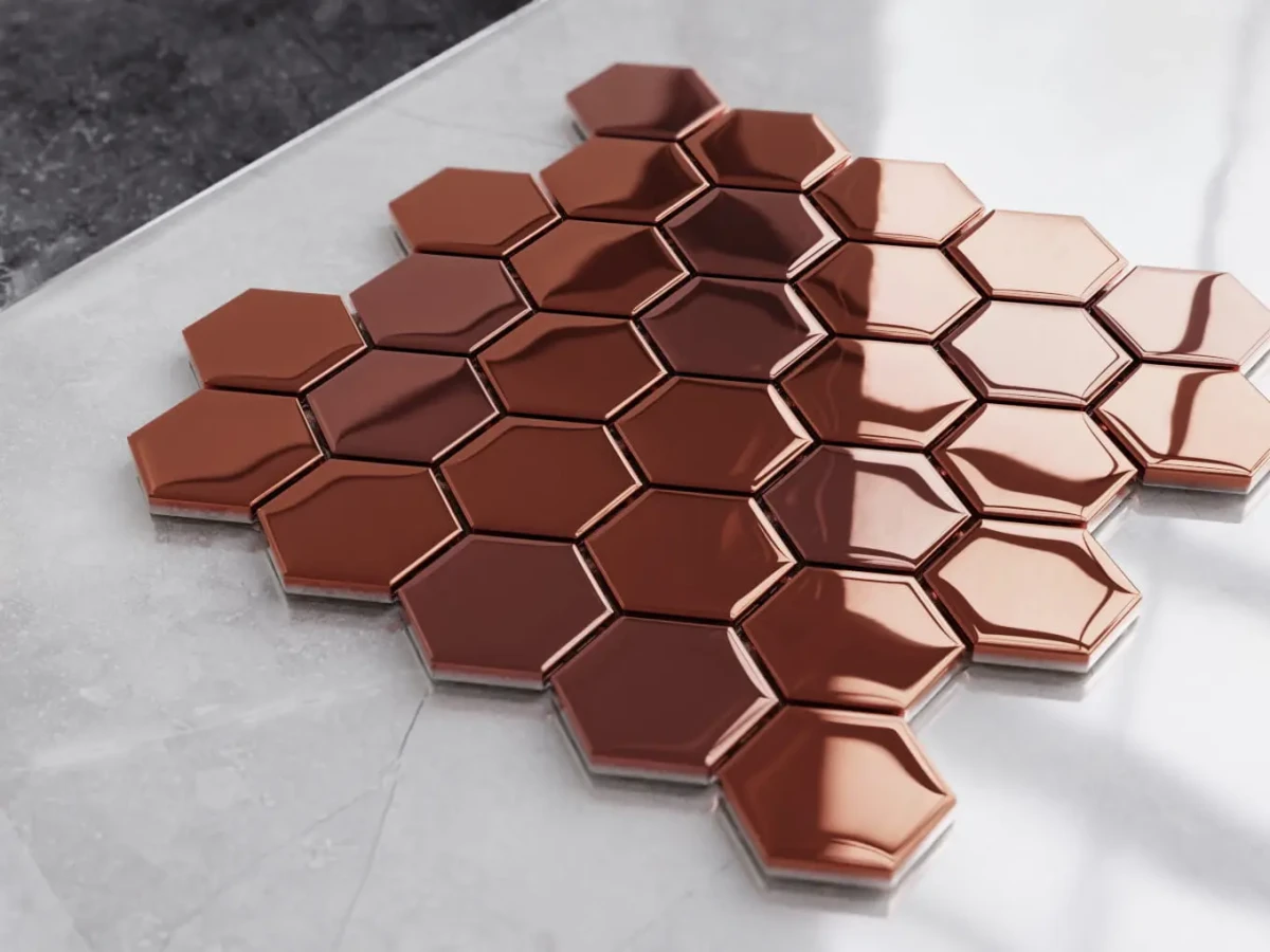 HEKSAGON MOZAIKA SZKLANA MIEDZIANA ROSE COPPER METALIC  – dekoracyjne do wnętrz – Szklane Mozaiki