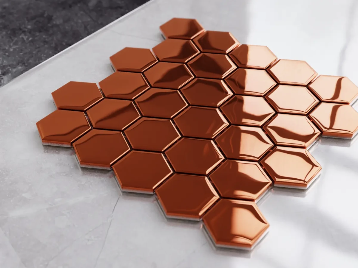 HEKSAGON MOZAIKA SZKLANA MIEDZIANA ROSE COPPER METALIC  – dekoracyjne do wnętrz – Szklane Mozaiki